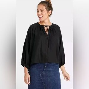 A New Day Raglan Long Sleeve Tie-Front Top - Black Oversized Sz S (Fits Up To L)